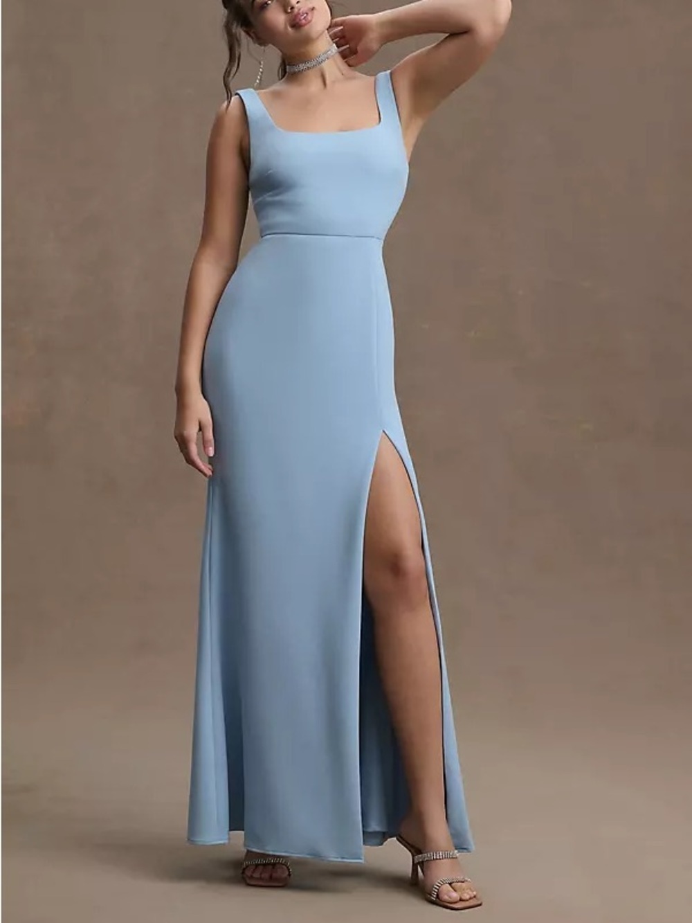 bhldn light blue dress Ashlynn Square-Neck Stretch Crepe Side-Slit Gown Size 2 Baby Blue Satin Dress birthday dress girls acetate lining COLOR:Night Blue
